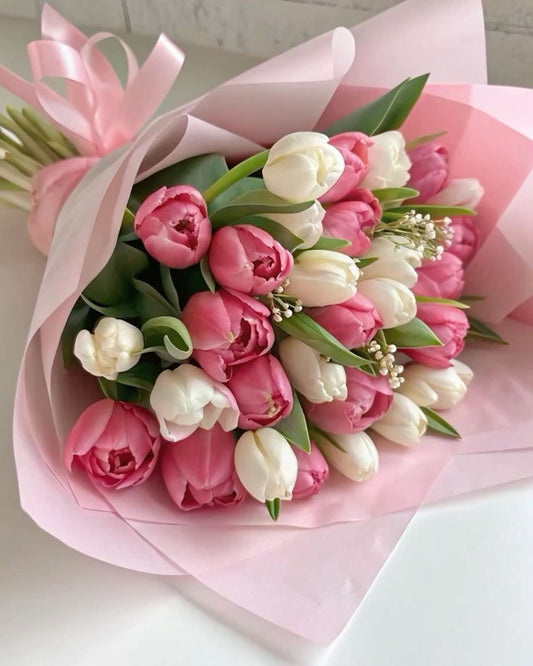 Pink Roses With White Tulips